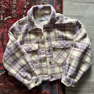 ZARA Cropped Plaid Jacket Shacket‎ Purple Cream - XL